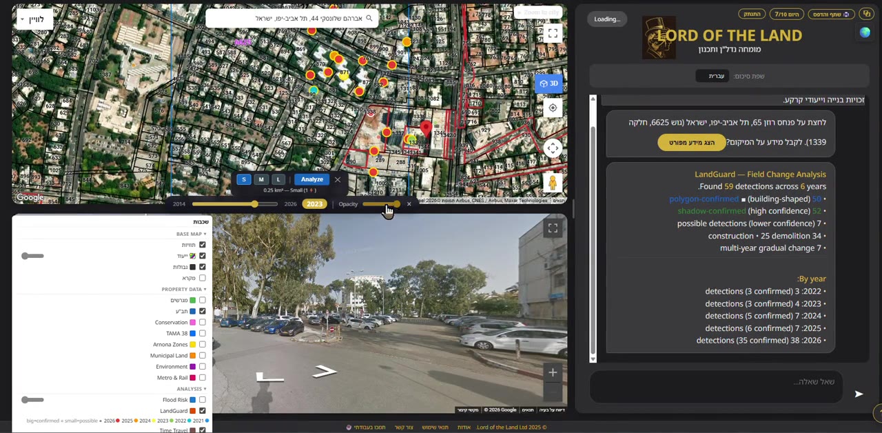 LandGuard change-detection results on a Tel Aviv parcel